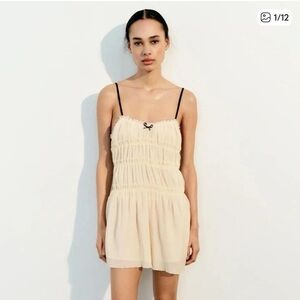 ZARA LITTLE BOW textured Sleeveless cream&black MINI dress COQUETTE NWT Size XS